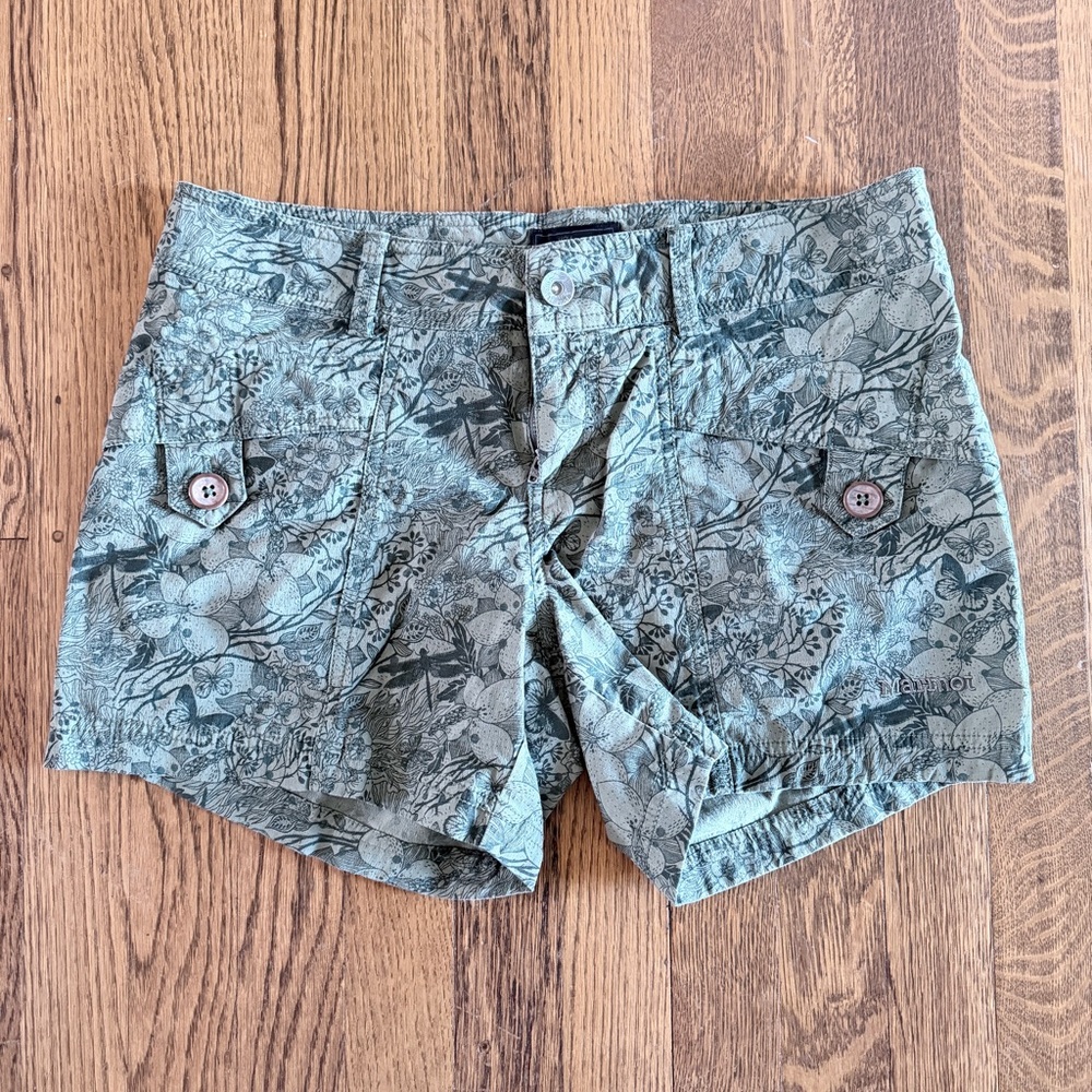 Marmot Green Floral Camo Women's Cargo Shorts Cotton Hiking sz 10 Medium Large